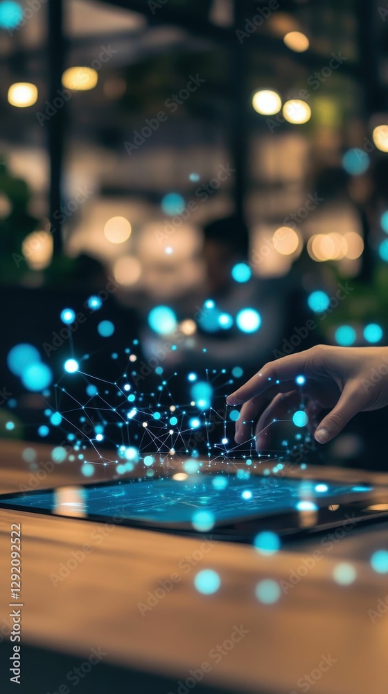 Hand interacts with glowing digital network on screen. Hand interacts with glowing digital network on screen.