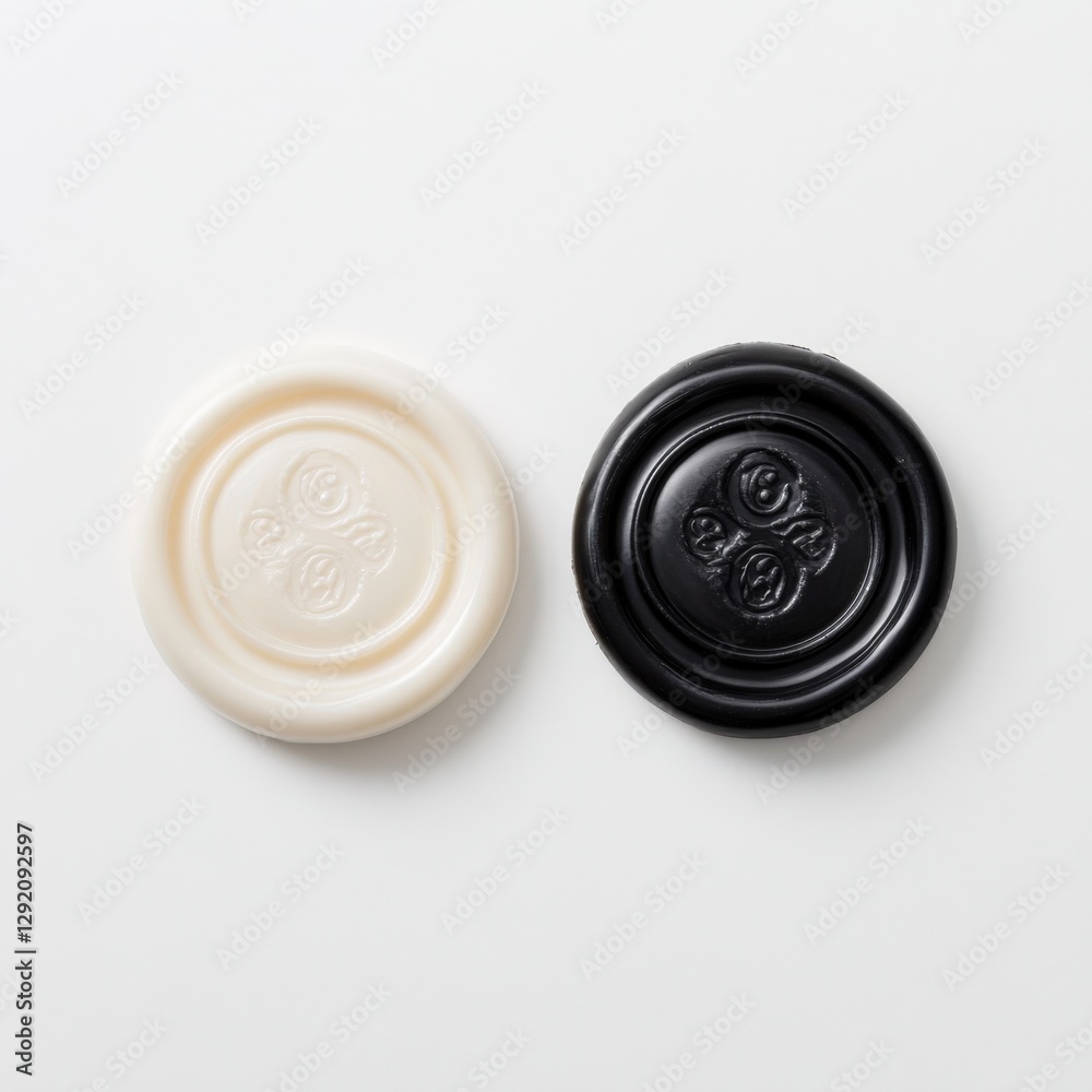 black and white wax seals with custom design on white surface. black and white wax seals with custom design on white surface.