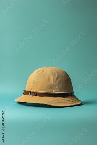 Timeless adventure awaits with a vintage Pith helmet resting against a serene solid background