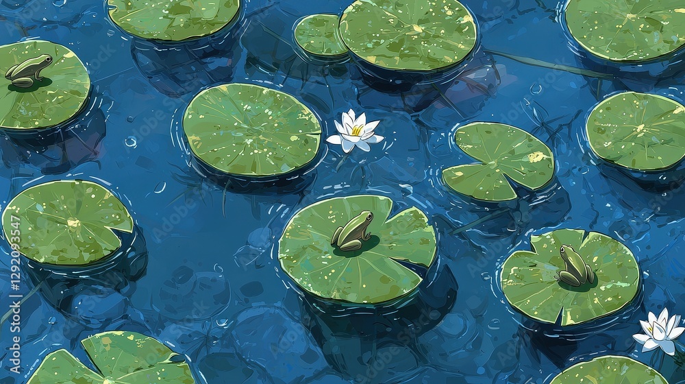 Serene Water Lily Pond with Green Leaves and White Blossoms Serene Water Lily Pond with Green Leaves and White Blossoms