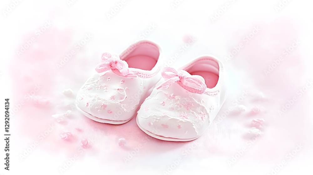 Baby-girl pastel pink embroidered shoes adorned with ribbon and scattered petals, newborn card, baby-shower party invitation Baby-girl pastel pink embroidered shoes adorned with ribbon and scattered petals, newborn card, baby-shower party invitation