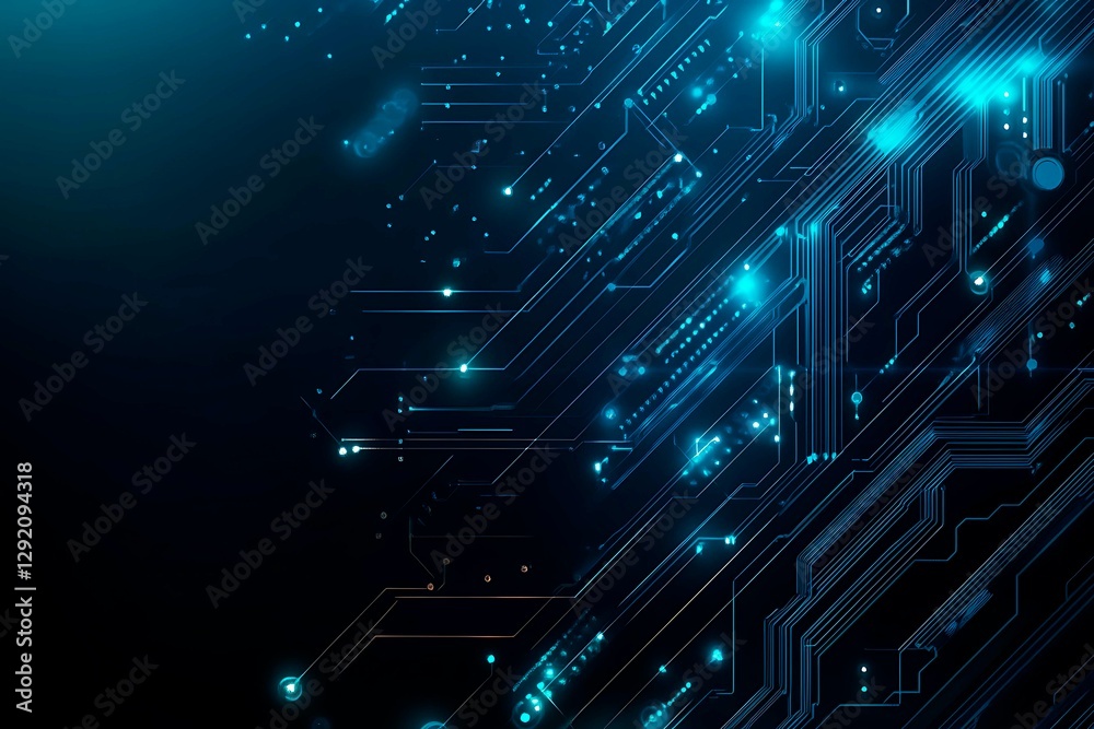 Abstract close-up of a glowing blue digital circuit board, showcasing intricate connections and technological design on a black background.
