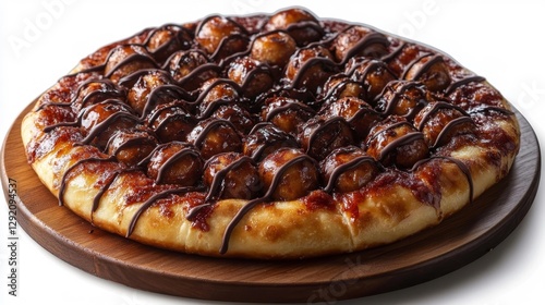 A pizza with donut holes topped with chocolate drizzle on a white isolated background. Generative AI