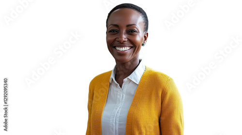 Smiling Professional Woman Yellow Cardigan Transparent Background Confident Portrait