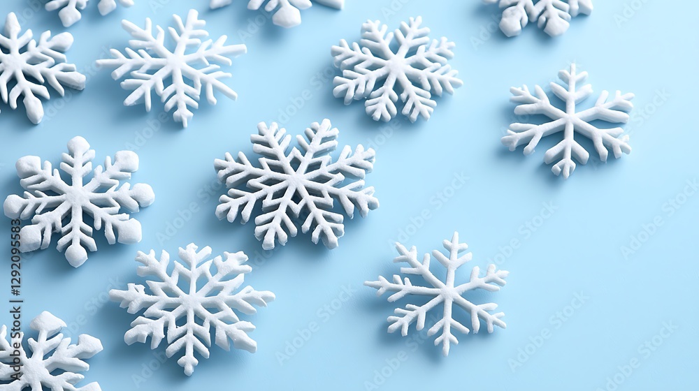 White snowflakes scattered on a light blue surface, creating a winter background, ideal for holiday designs White snowflakes scattered on a light blue surface, creating a winter background, ideal for holiday designs