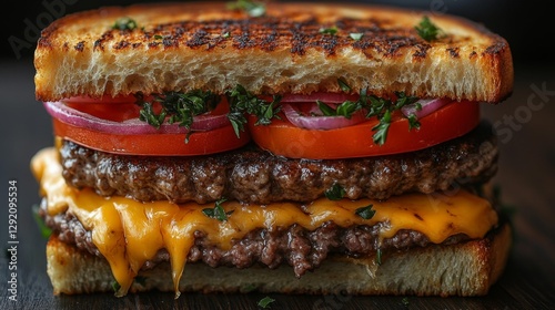Grilled Cheese Burger with Cheddar Tomato Onion and Fresh Herbs on Toasted Bread. Generative AI