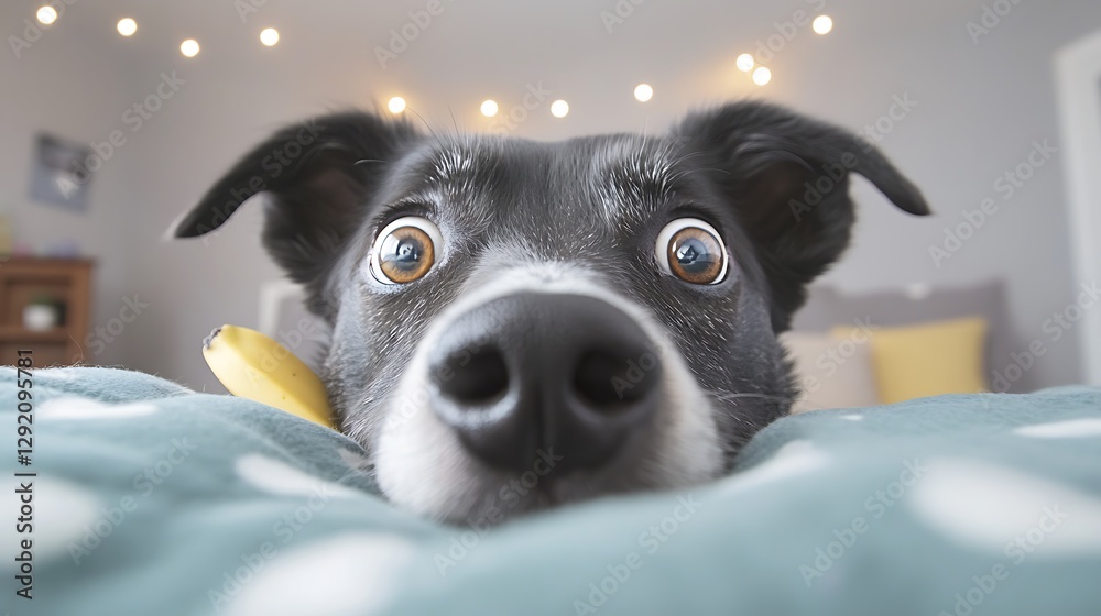 Wide-eyed dog peering over bed with banana, string lights in background, playful mood, for pet care