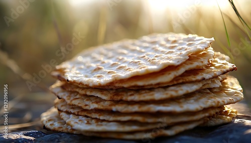 Matzah stack outdoors, sunlight