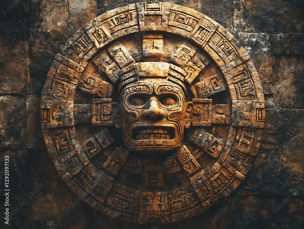 Obraz premium Mayan carved stone mask, wall art, history, digital render, background