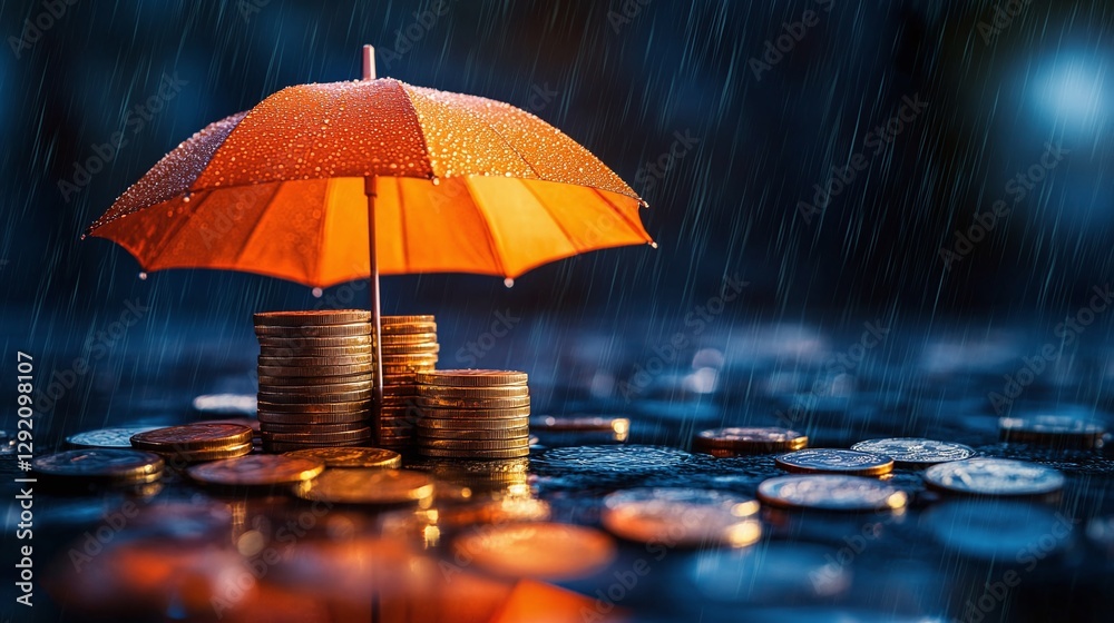 custom made wallpaper toronto digitalOrange umbrella protects coin stacks from rain, financial protection. Investment security, wealth, economy stability. Safety planning for retirement in