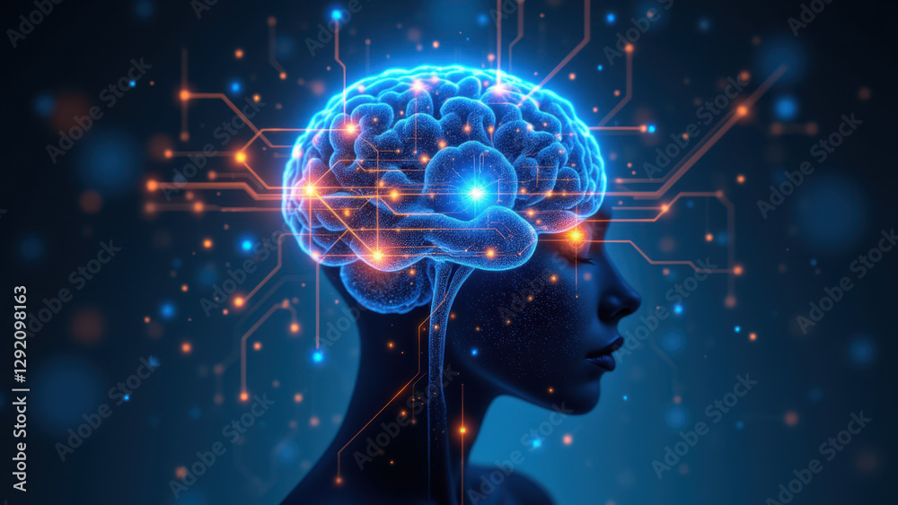 Fototapeta premium Illustration of human brain with integrated artificial intelligence technology, symbolizing advanced cognition or cybernetic enhancement.