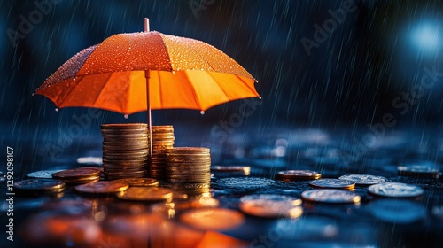 Wallpaper Mural Orange umbrella protects coin stacks from rain, financial protection. Investment security, wealth, economy stability. Safety planning for retirement in Torontodigital.ca