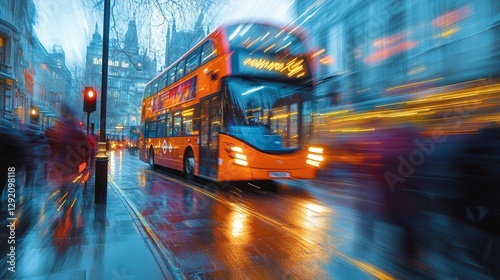 Blurred street scene with a bus passing by and pedestrians in motion. Generative AI