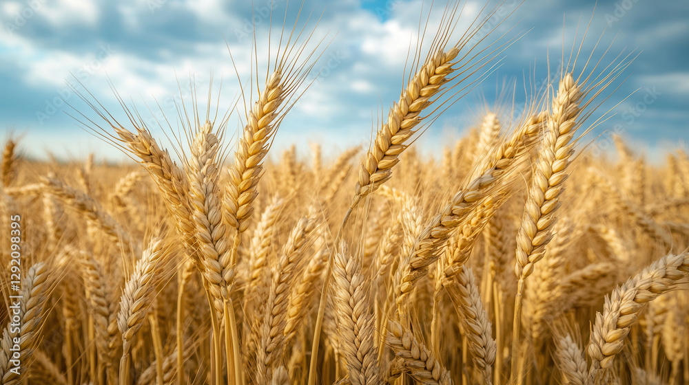 Golden ears of ripe wheat under a vibrant blue sky with wispy clouds in a serene rural landscape Golden ears of ripe wheat under a vibrant blue sky with wispy clouds in a serene rural landscape
