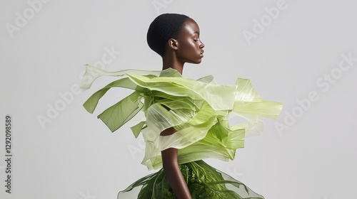 Fashion model wearing innovative dress made of green leaves