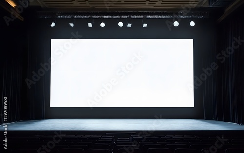  Large white display screen positioned on stage, intended for business presentation exhibits 