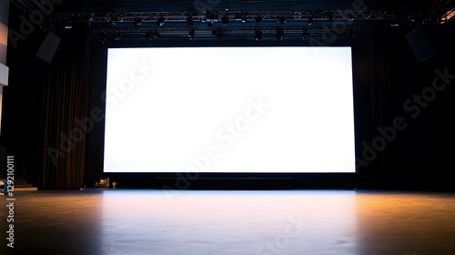  Large white display screen positioned on stage, intended for business presentation exhibits 