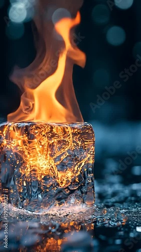 Burning Ice Cube Outdoors Night