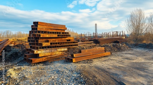 Rusty used steel pile at construction site. Unbuild Site with messy rusty steel stack at yard.