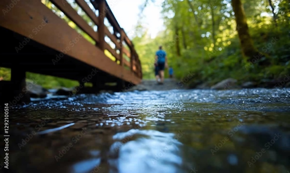 Family hiking forest trail, creek shallow water foreground, summer day Family hiking forest trail, creek shallow water foreground, summer day