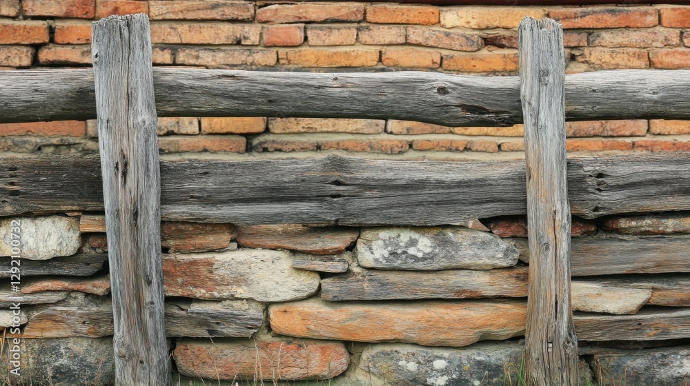 Old wooden plank and brick pattern. Antique rough and rustic fence of rural house. Old wooden plank and brick pattern. Antique rough and rustic fence of rural house.