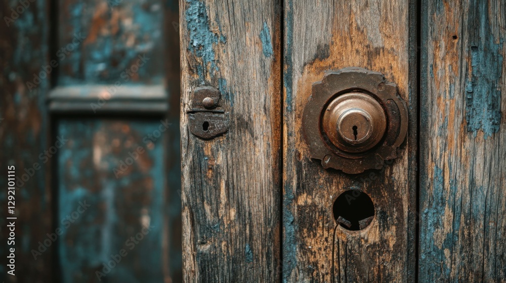 Fototapeta premium Closeup of old door lock. Entrance locked for security. Old wooden door locked.