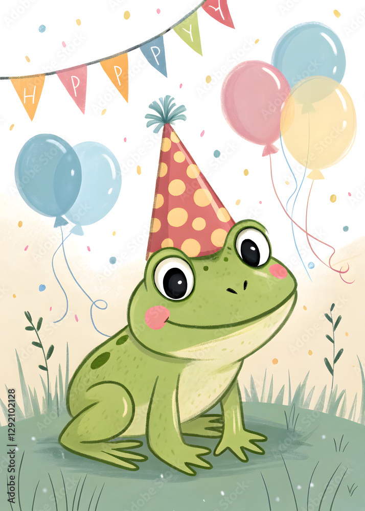 Fototapeta premium happy cartoon frog in the party hat birthday greeting card with balloons 