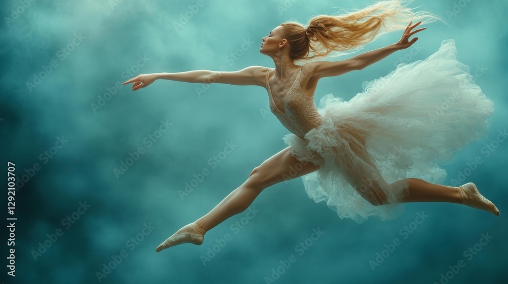 Ballet Dancer Captured Mid-Jump Against a Moody Blue Background. Generative AI Ballet Dancer Captured Mid-Jump Against a Moody Blue Background. Generative AI