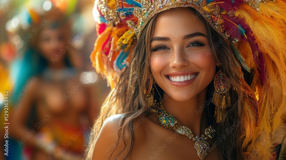Samba dancer in colorful feathered costume smiling during carnival celebration. Generative AI Samba dancer in colorful feathered costume smiling during carnival celebration. Generative AI