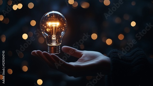 Light bulb held in hand with warm bokeh background at night showcasing creativity and innovation