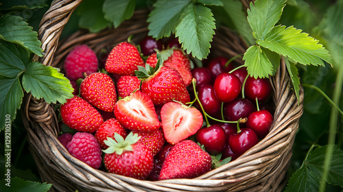 A close-up shot of a basket with fresh strawberries, raspberries, and cherries surrounded by green leaves.