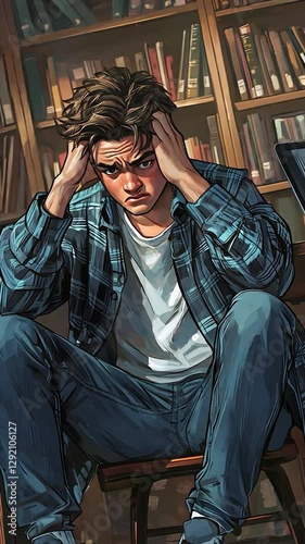 Teenager stressed in library, deep in thought, possible use for educational or motivational