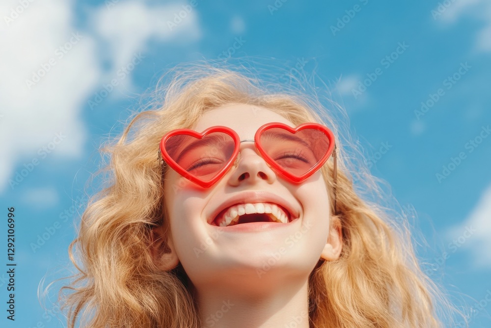 Woman Smiling in Heart-Shaped Sunglasses against a Blue Sky Woman Smiling in Heart-Shaped Sunglasses against a Blue Sky