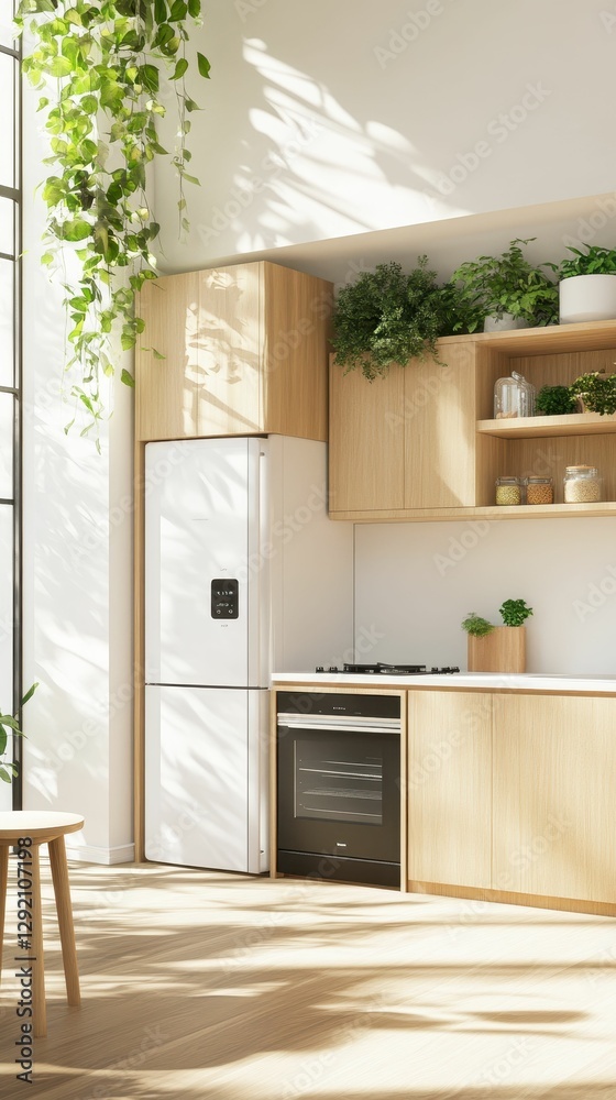 Fototapeta premium Light kitchen, wood cabinets, plants, appliances.