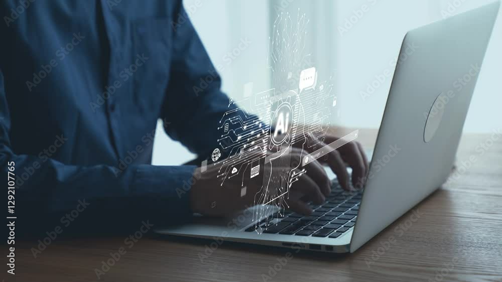Human interact with AI artificial intelligence brain processor in concept of AI artificial intelligence engineering, big data and AI machine learning to use generative AI for business support. UUID
