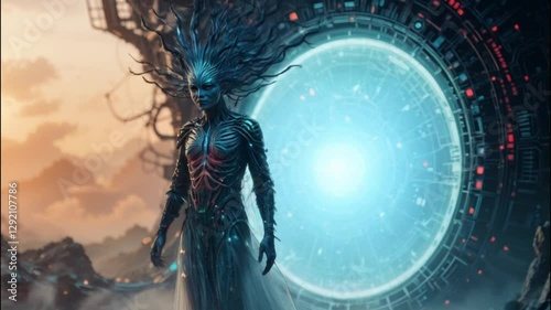 A mysterious figure from another dimension. Alien and futuristic portal.