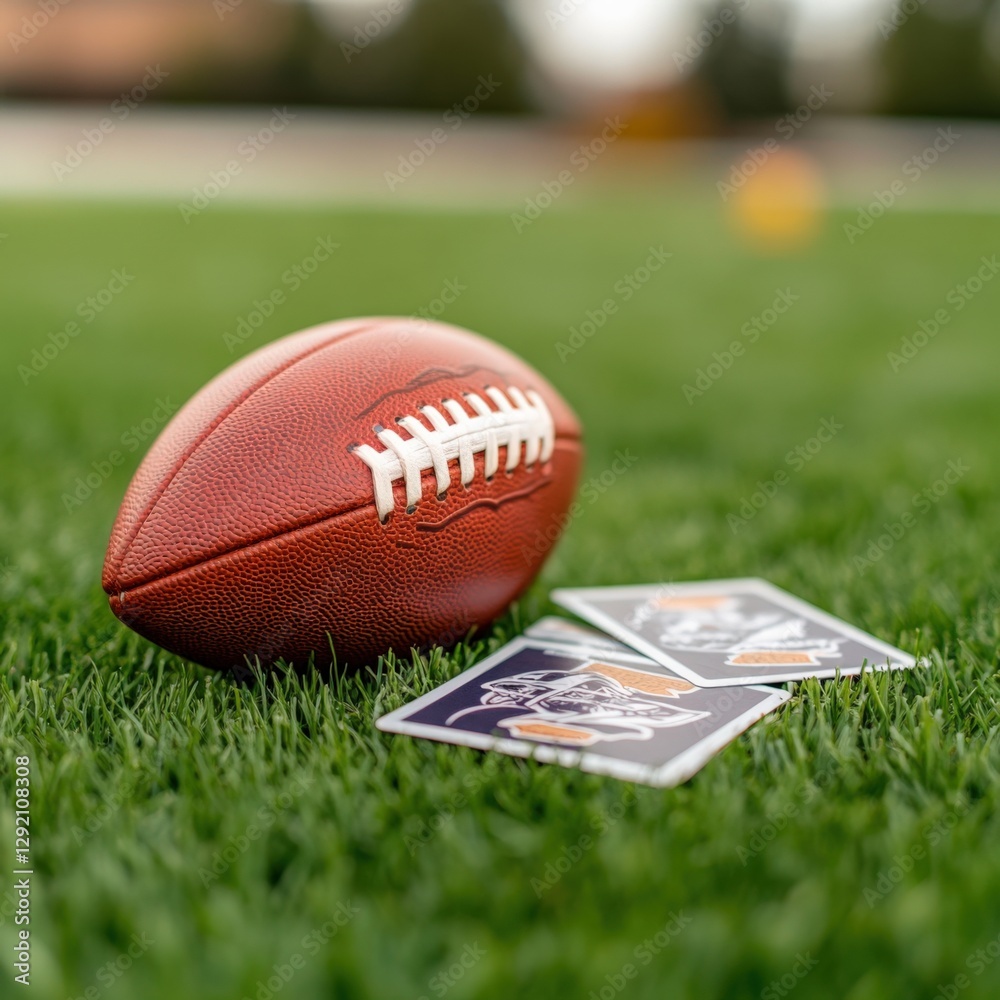 Obraz premium Football on Green Grass with Cards.