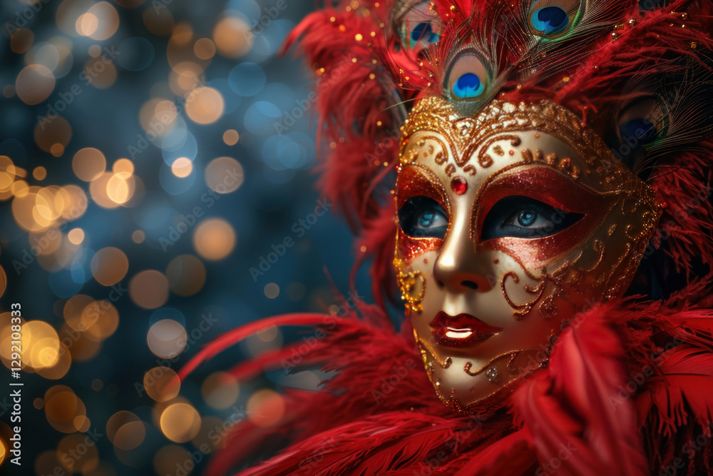 a luxurious Venetian mask decorated with gold patterns, red glittering elements and peacock feathers. a luxurious Venetian mask decorated with gold patterns, red glittering elements and peacock feathers.