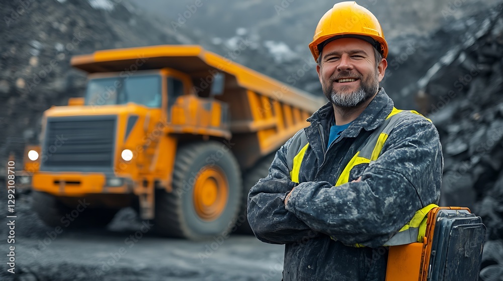 Miner smiling near large truck Miner smiling near large truck