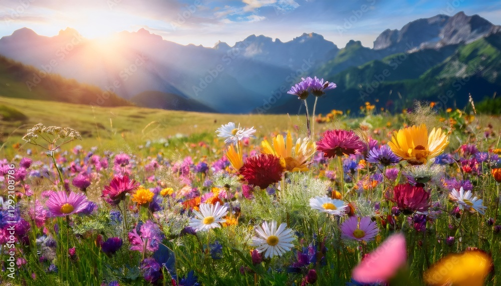 Obraz premium Colorful wildflowers carpeting mountain meadow, glowing under warm sunset light