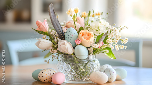 A delightful Easter centerpiece with painted eggs, soft feathers, and seasonal blooms in a glass vase.