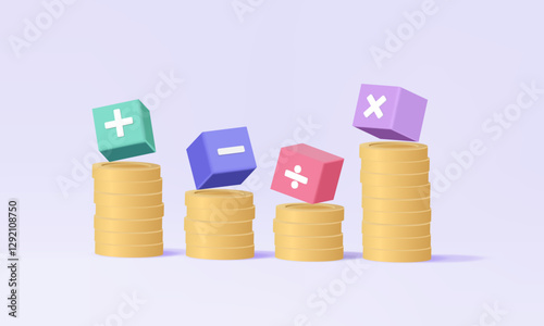 Stack coins with analysis calculation grow education invest financial and business accounting budget economics on pastel background. symbol colorful math, plus, minus, multiplication. 3d vector design