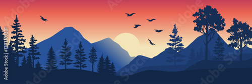 Stunning sunset over mountains and trees