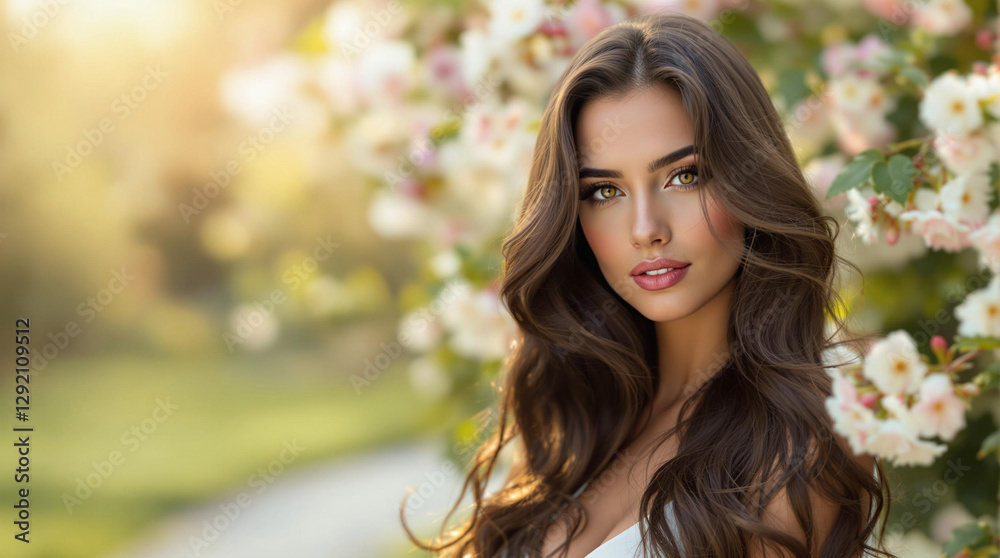Fototapeta premium Young woman smiling among blooming flowers
