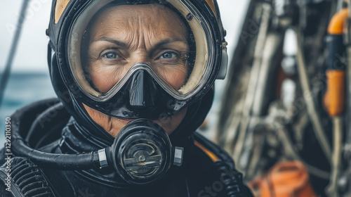 Determined female deep-sea diver in a professional diving suit and helmet with a breathing apparatus, preparing for an underwater mission