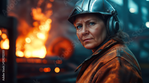 Strong female industrial worker in protective gear and helmet standing in front of a fiery furnace in a steel factory