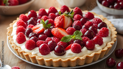 A fruit tart with a crust filled with strawberries, raspberries, and cherries topped with cream.
