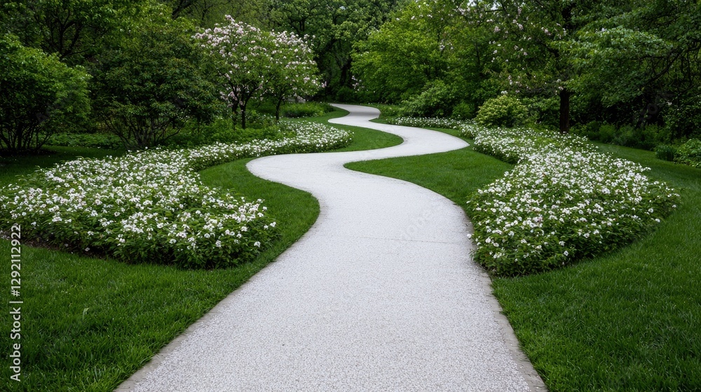 Winding garden path, spring blossoms, green lawn, peaceful retreat, landscape design Winding garden path, spring blossoms, green lawn, peaceful retreat, landscape design