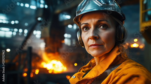 Strong female industrial worker in protective gear and a helmet standing in a steel factory with molten metal glowing in the background