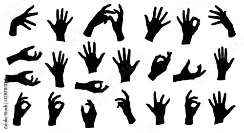 A collection of various hand gestures displayed in silhouette, representing different meanings and expressions.